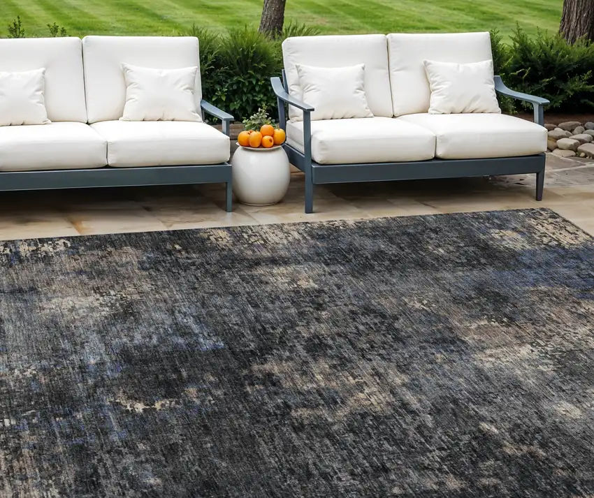 Charcoal Gray And Silver Abstract Washable Indoor Outdoor Area Rug Photo 1