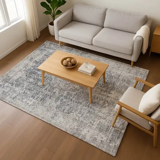 Charcoal Gray And Silver Floral Medallion Washable Area Rug With UV Protection Photo 5