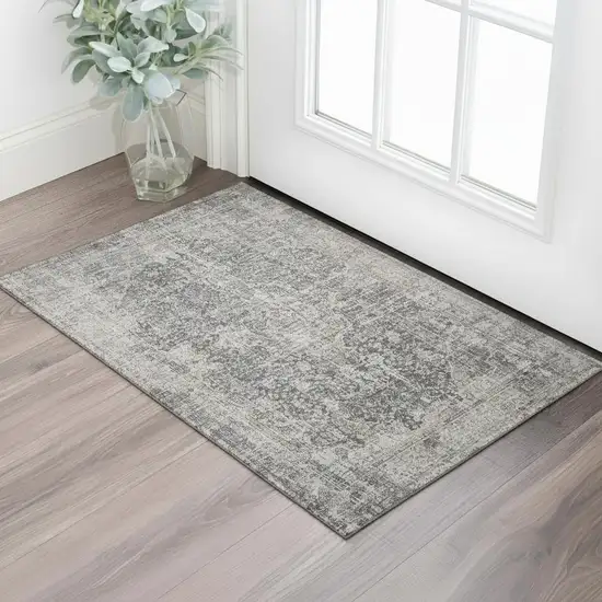 Charcoal Gray And Silver Floral Medallion Washable Area Rug With UV Protection Photo 2