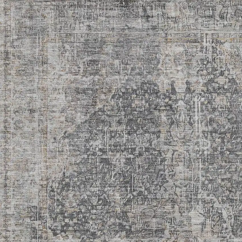 Charcoal Gray And Silver Floral Medallion Washable Area Rug With UV Protection Photo 2