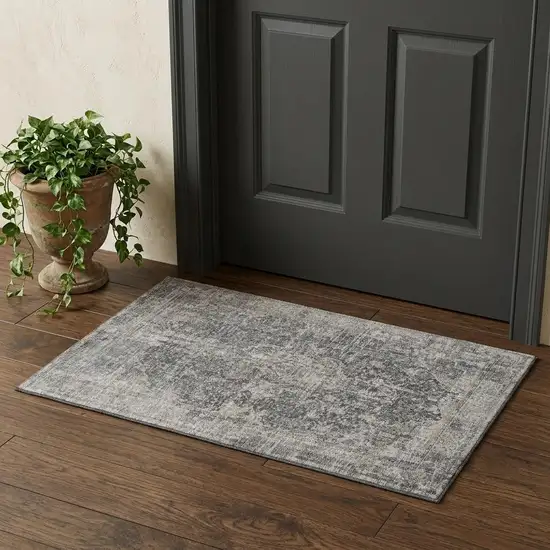 Charcoal Gray And Silver Floral Medallion Washable Area Rug With UV Protection Photo 1