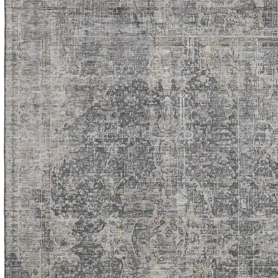 Charcoal Gray And Silver Floral Medallion Washable Area Rug With UV Protection Photo 3