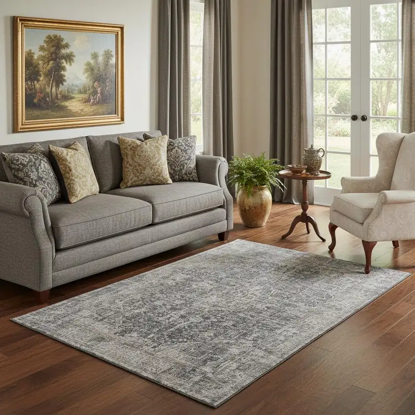 Charcoal Gray And Silver Floral Medallion Washable Area Rug With UV Protection Photo 2