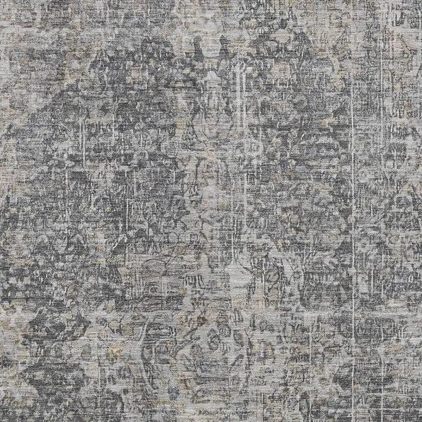 Charcoal Gray And Silver Floral Medallion Washable Area Rug With UV Protection Photo 2