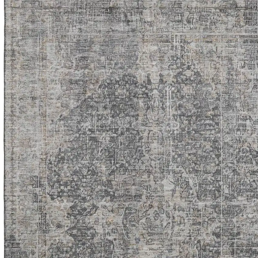 Charcoal Gray And Silver Floral Medallion Washable Area Rug With UV Protection Photo 3