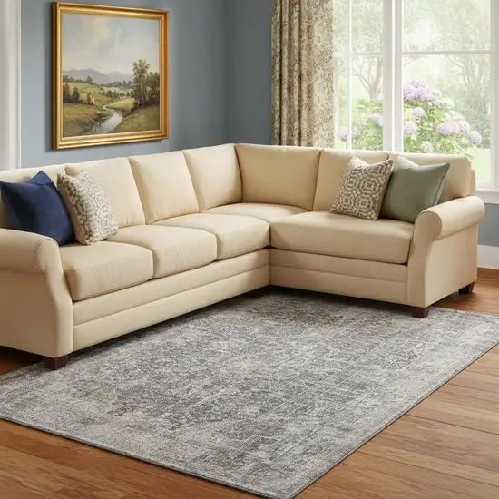 Charcoal Gray And Silver Floral Medallion Washable Area Rug With UV Protection Photo 2