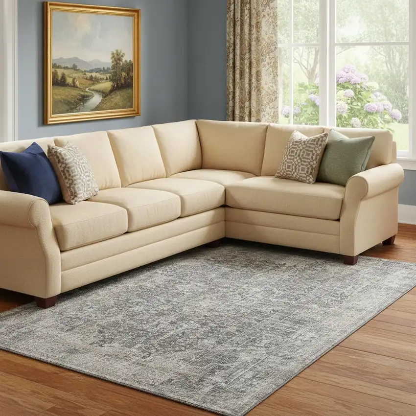 Charcoal Gray And Silver Floral Medallion Washable Area Rug With UV Protection Photo 2