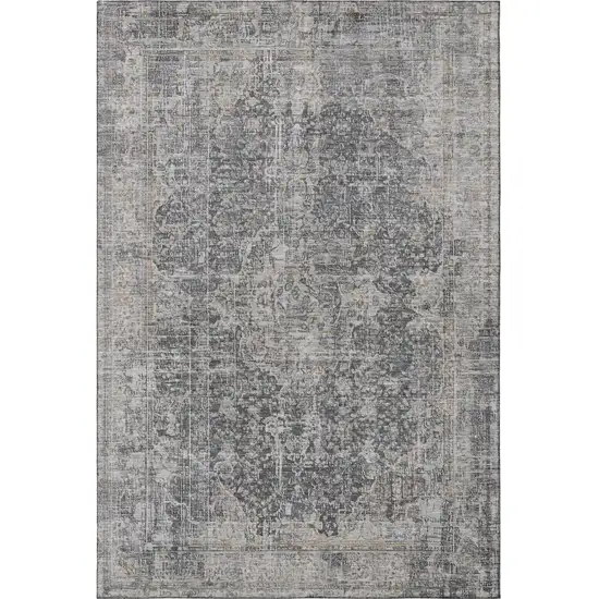Charcoal Gray And Silver Floral Medallion Washable Area Rug With UV Protection Photo 2