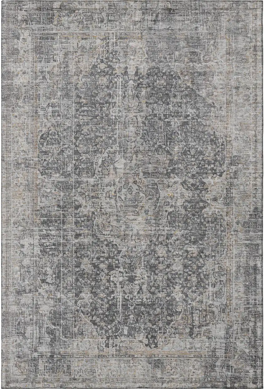 Charcoal Gray And Silver Floral Medallion Washable Area Rug With UV Protection Photo 2
