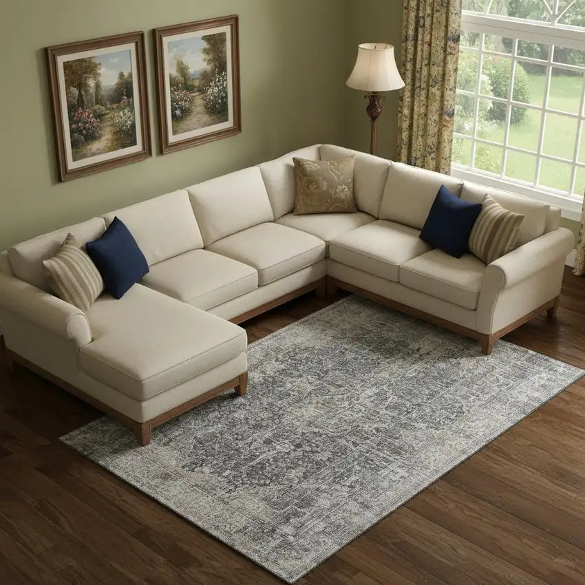 Charcoal Gray And Silver Floral Medallion Washable Area Rug With UV Protection Photo 2