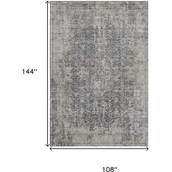 Charcoal Gray And Silver Floral Medallion Washable Area Rug With UV Protection Photo 9