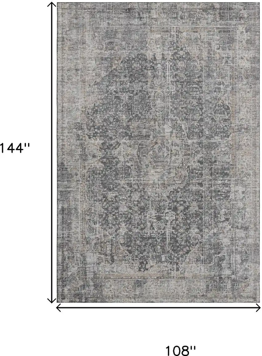 Charcoal Gray And Silver Floral Medallion Washable Area Rug With UV Protection Photo 9