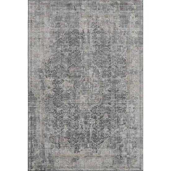 Charcoal Gray And Silver Floral Medallion Washable Area Rug With UV Protection Photo 1