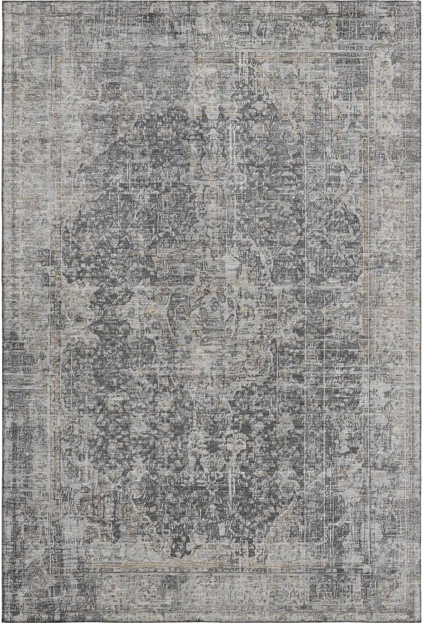 Charcoal Gray And Silver Floral Medallion Washable Area Rug With UV Protection Photo 1