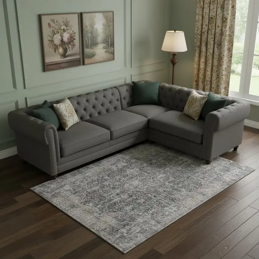 Charcoal Gray And Silver Floral Medallion Washable Area Rug With UV Protection Photo 2