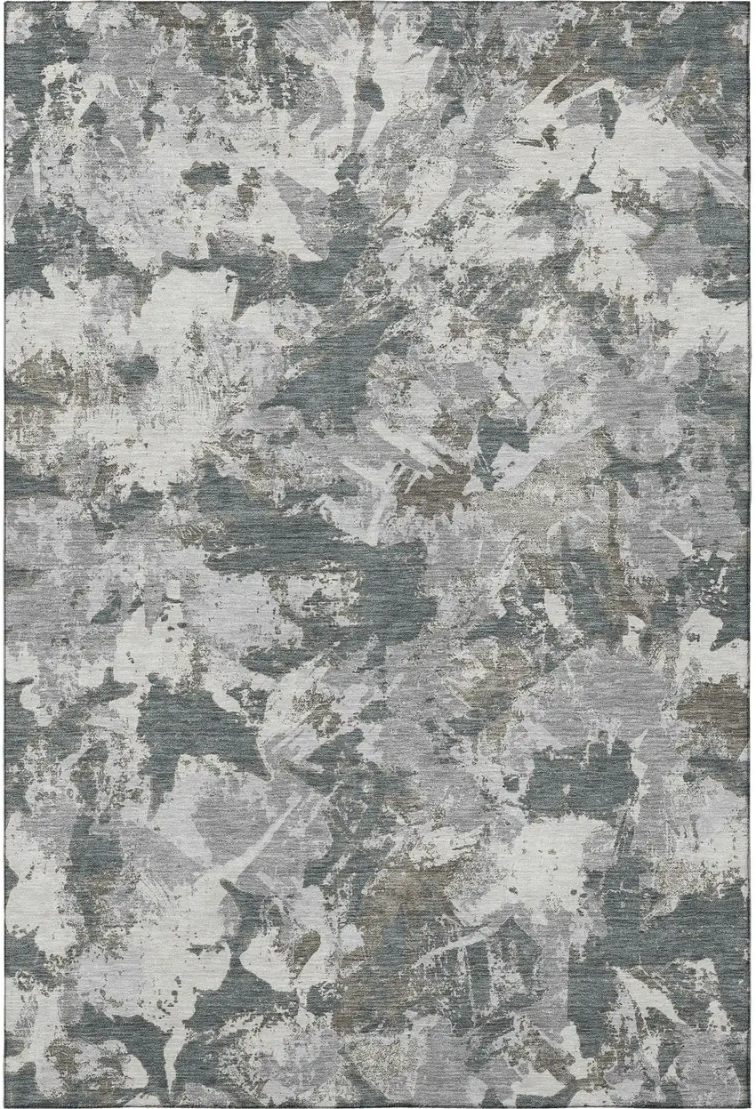 Charcoal Gray And Silver Floral Washable Area Rug With UV Protection Photo 3