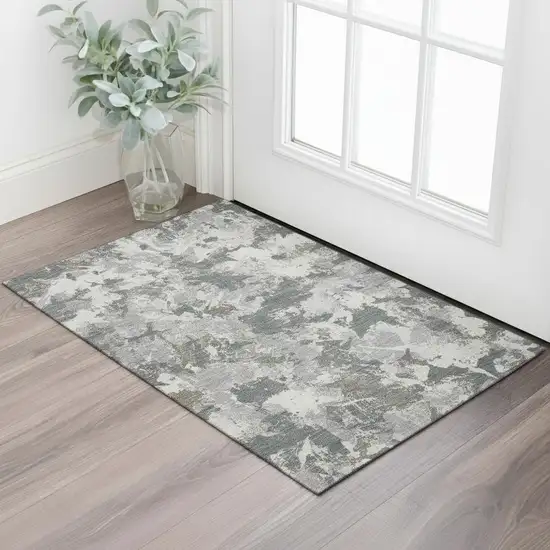 Charcoal Gray And Silver Floral Washable Area Rug With UV Protection Photo 1