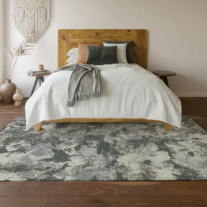 Charcoal Gray And Silver Floral Washable Area Rug With UV Protection Photo 5