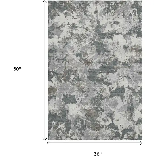 Charcoal Gray And Silver Floral Washable Area Rug With UV Protection Photo 3