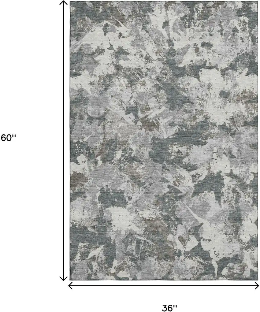 Charcoal Gray And Silver Floral Washable Area Rug With UV Protection Photo 3