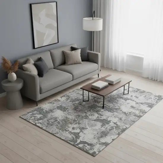 Charcoal Gray And Silver Floral Washable Area Rug With UV Protection Photo 2