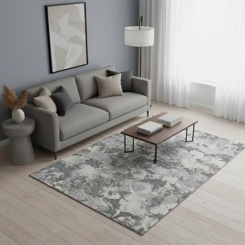 Charcoal Gray And Silver Floral Washable Area Rug With UV Protection Photo 2