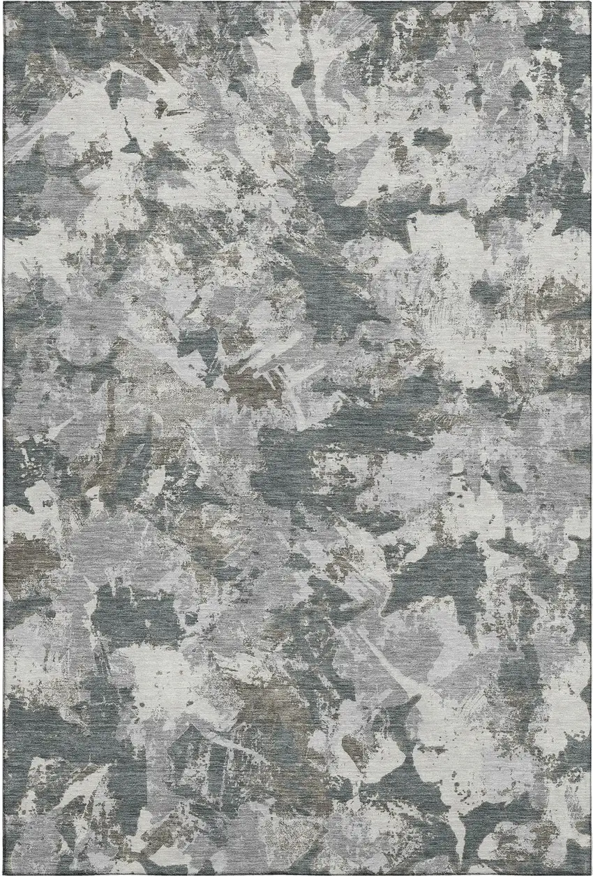 Charcoal Gray And Silver Floral Washable Area Rug With UV Protection Photo 1
