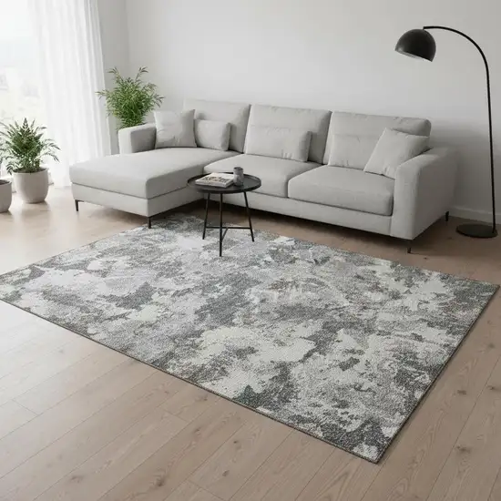 Charcoal Gray And Silver Floral Washable Area Rug With UV Protection Photo 2