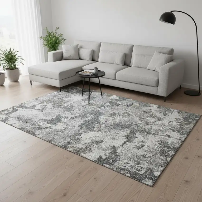 Charcoal Gray And Silver Floral Washable Area Rug With UV Protection Photo 2