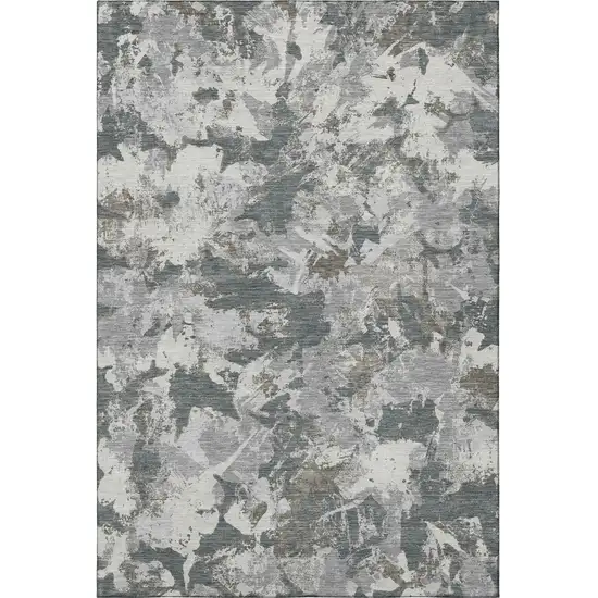 Charcoal Gray And Silver Floral Washable Area Rug With UV Protection Photo 4
