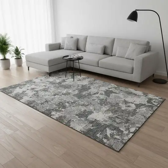 Charcoal Gray And Silver Floral Washable Area Rug With UV Protection Photo 2