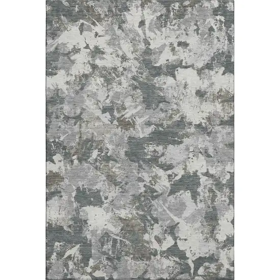 Charcoal Gray And Silver Floral Washable Area Rug With UV Protection Photo 1