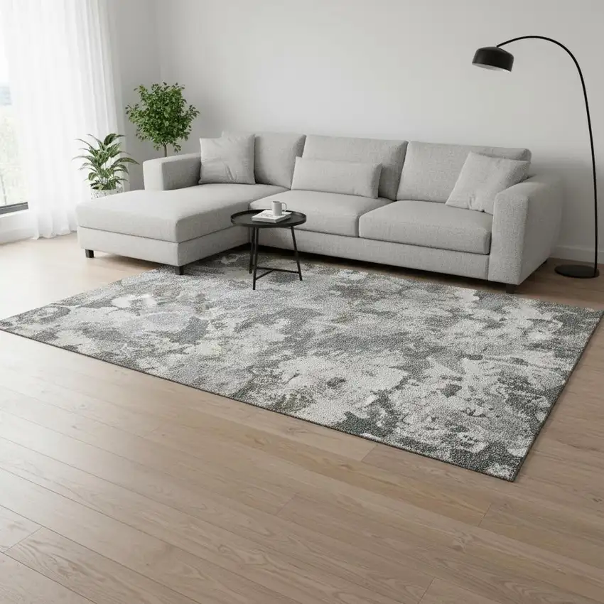 Charcoal Gray And Silver Floral Washable Area Rug With UV Protection Photo 2