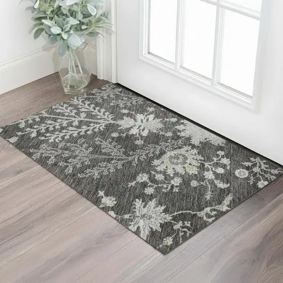 Charcoal Gray And Silver Floral Washable Area Rug With UV Protection Photo 2