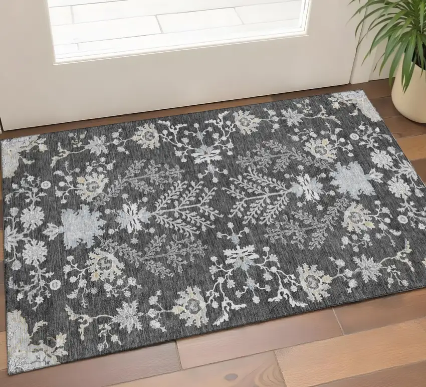 Charcoal Gray And Silver Floral Washable Area Rug With UV Protection Photo 1