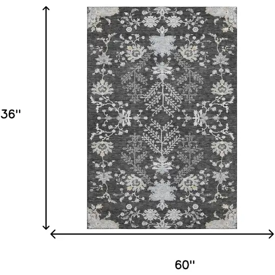 Charcoal Gray And Silver Floral Washable Area Rug With UV Protection Photo 3
