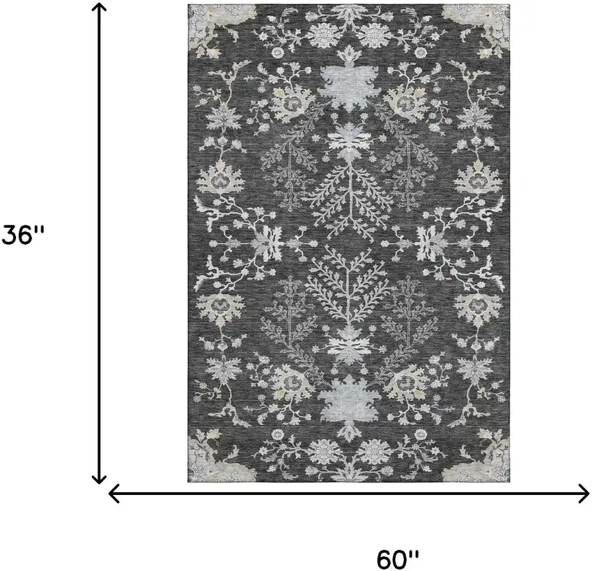 Charcoal Gray And Silver Floral Washable Area Rug With UV Protection Photo 3