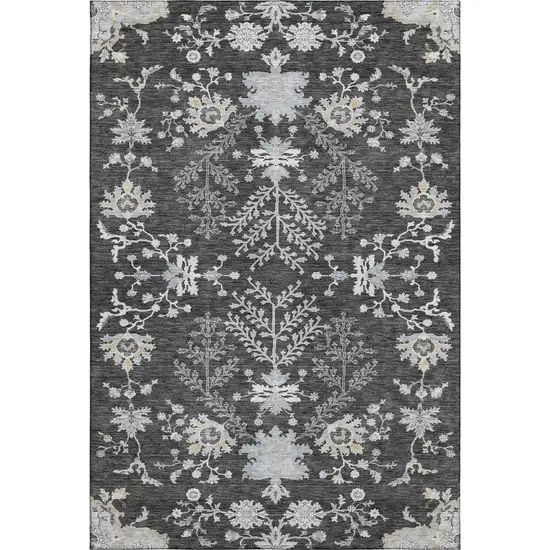 Charcoal Gray And Silver Floral Washable Area Rug With UV Protection Photo 6