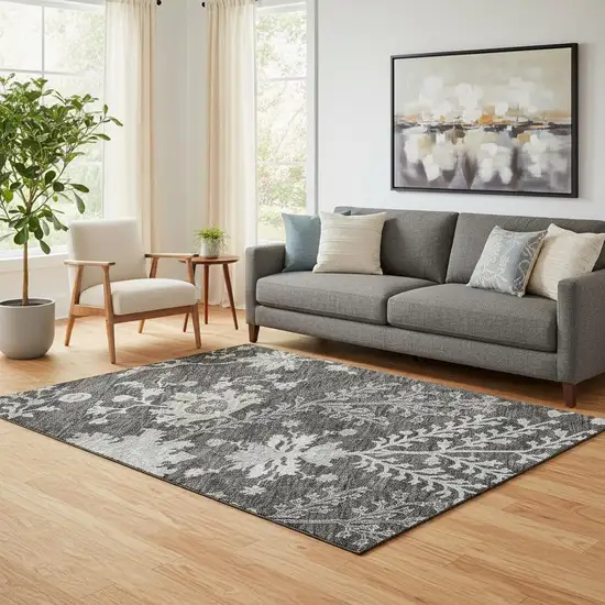 Charcoal Gray And Silver Floral Washable Area Rug With UV Protection Photo 2