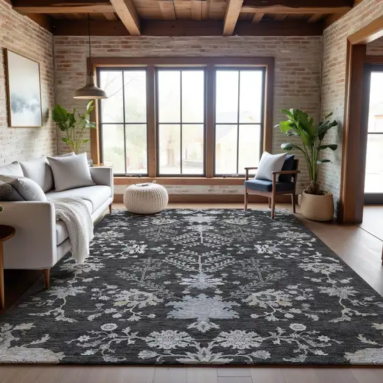 Charcoal Gray And Silver Floral Washable Area Rug With UV Protection Photo 4