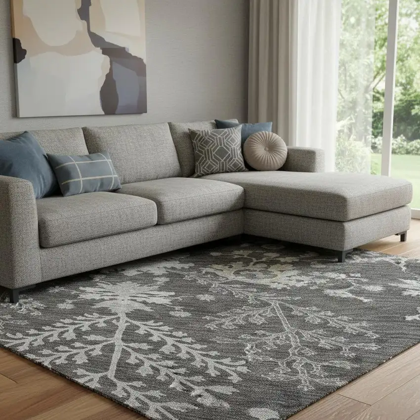Charcoal Gray And Silver Floral Washable Area Rug With UV Protection Photo 2