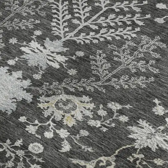 Charcoal Gray And Silver Floral Washable Area Rug With UV Protection Photo 3