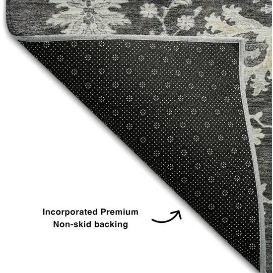 Charcoal Gray And Silver Floral Washable Area Rug With UV Protection Photo 7