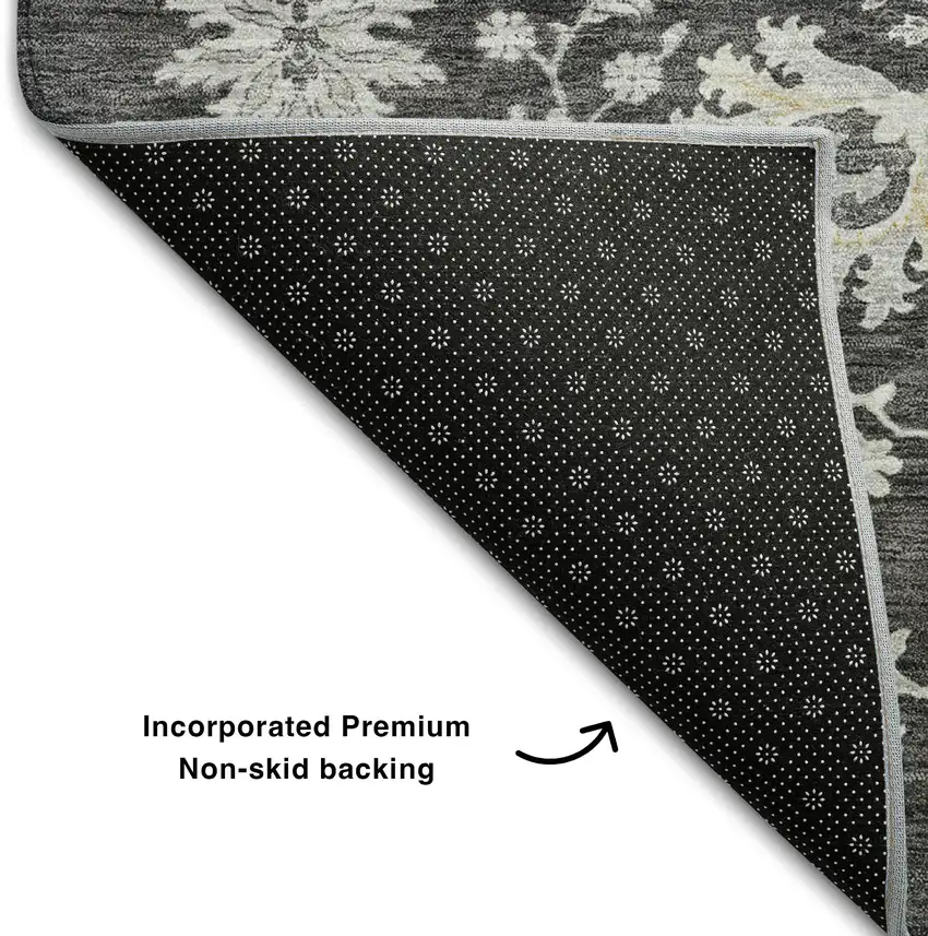Charcoal Gray And Silver Floral Washable Area Rug With UV Protection Photo 7