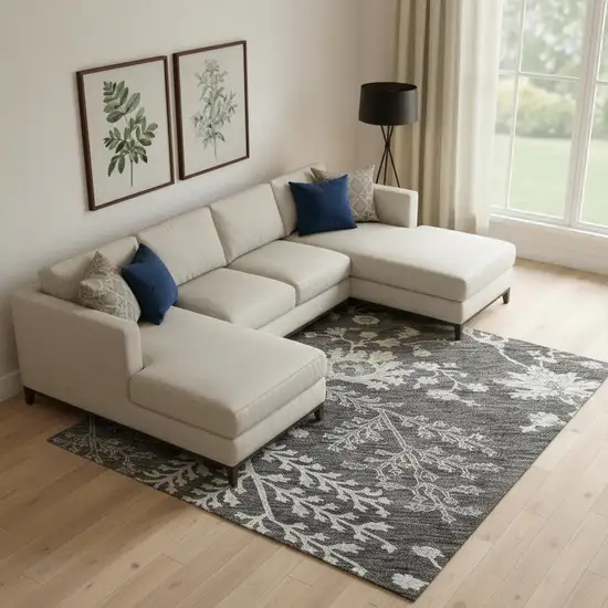 Charcoal Gray And Silver Floral Washable Area Rug With UV Protection Photo 2