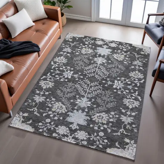 Charcoal Gray And Silver Floral Washable Area Rug With UV Protection Photo 5