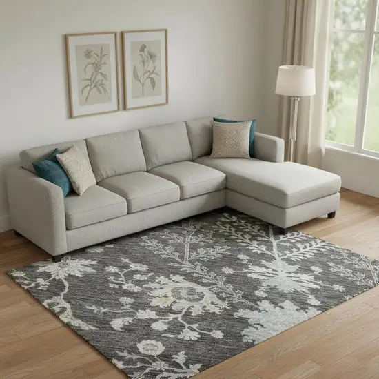 Charcoal Gray And Silver Floral Washable Area Rug With UV Protection Photo 2