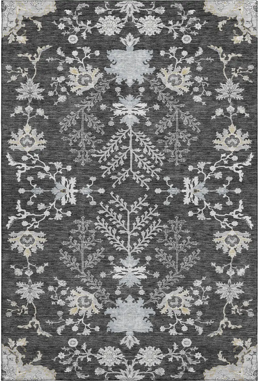Charcoal Gray And Silver Floral Washable Area Rug With UV Protection Photo 6