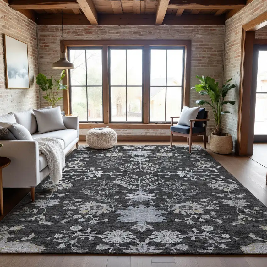 Charcoal Gray And Silver Floral Washable Area Rug With UV Protection Photo 4