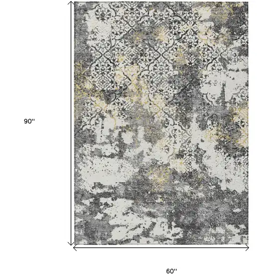 Charcoal Gray And Silver Floral Washable Indoor Outdoor Area Rug Photo 3